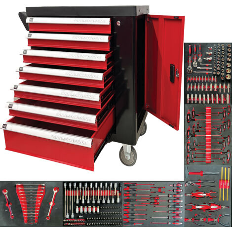 Defpro – Servante d'atelier 7 tiroirs sur roulements à billes – 252 outils inclus – Structure acier renforcé – Capacité 150 kg – Roues avec freins