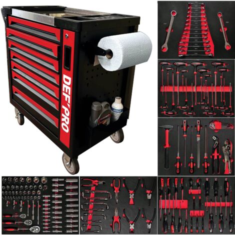 Defpro – Servante d'atelier 8 tiroirs – Acier 6-7mm – Charge 120kg – Plan de travail inox – 166 outils inclus – Roues renforcées avec freins