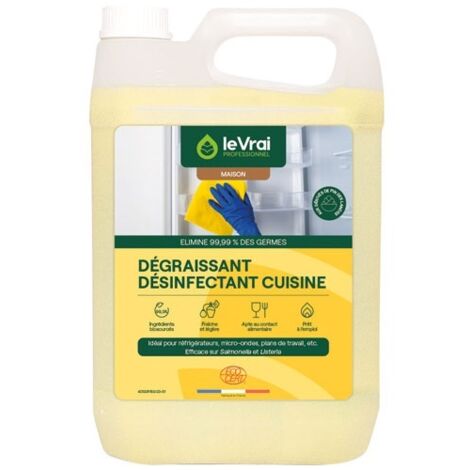 Dégraissant désinfectant biotechnologique pour cuisine – Élimine 99,99% des germes – Contact alimentaire HACCP – Liquide légèrement ambré – Le Vrai Professionnel