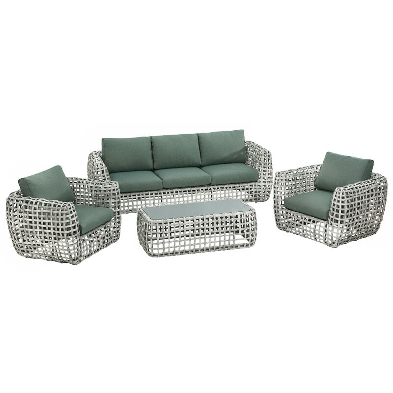 Dehner - Flecht-Lounge Bali, inkl. 1 Sofa, 1 Tisch, 2 Sessel und Kissen, Aluminium/Kunststoff/Glas/Textilien, beige/grün