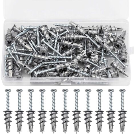 Dehnschrauben-Set-Kombination aus Zinklegierung, 100-teiliges Set mit 50 Schrauben und 50 Dübeln – Metall selbstbohrend – für Gipskarton und Stab