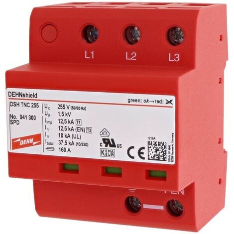 DEHN + SOEHNE Dehn Kombi-Ableiter TS35 3p TN-C 255VAC 1,5kV 4TE Hutschiene 35mm 10kA opt DSHTNC255