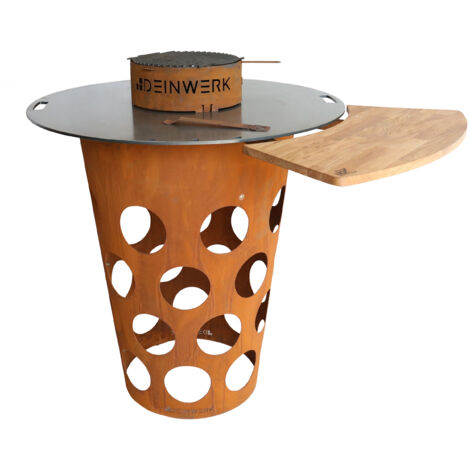DEINWERK Dubbefass Grillfass aus Corten mit Feuerplatte, Wokaufsatz und Anstecktisch