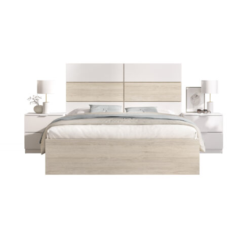 DEKIT ASTRA - CABEZAL CON DOS MESITAS DE 2 CAJONES Y ARO CAMA 135/140X190 - BLANCO / NATURAL - 121.8 x 258.8 x 195.4