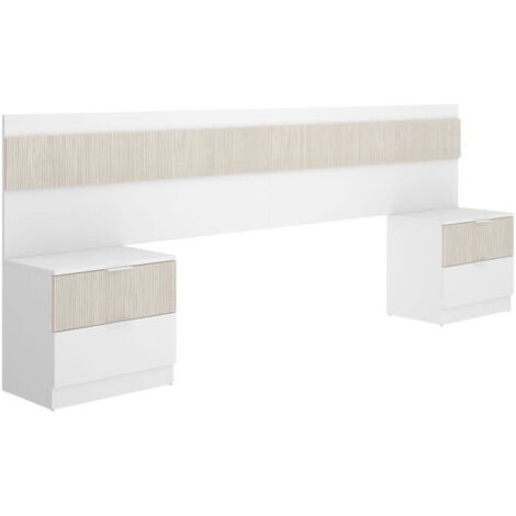 DEKIT BIANCA - CABECERO CON MESITAS DE 2 CAJONES PARA CAMA DE MATRIMONIO - BLANCO / ALISTONADO - 95 x 248 x 34 cm