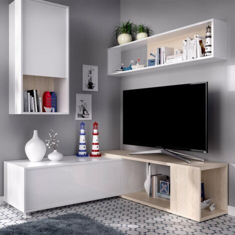 DEKIT - Composición de salón TV Flexible color Blanco Brillo / Natural 180x180/230x41 cm modelo OBI