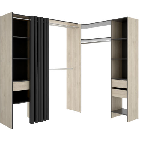 DEKIT - COMPOSICION VESTIDOR RINCONERO ADAPTABLE Y CON CORTINA - 205 x 164/214 x 141 cm - NATURAL / GRAFITO