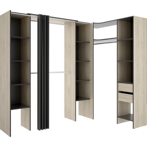 DEKIT - COMPOSICION VESTIDOR RINCONERO ADAPTABLE Y CON CORTINA - 205 x 164/234 x 141 cm - NATURAL / GRAFITO