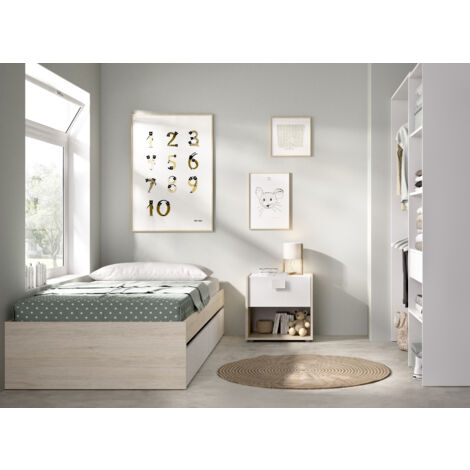 DEKIT GRUPO RIMOBEL LAGO PACK - CONJUNTO DE CAMA NIDO CON 2 CAJONES, MESITA DE NOCHE Y ARMARIO VESTIDOR - NATURAL / BLANCO