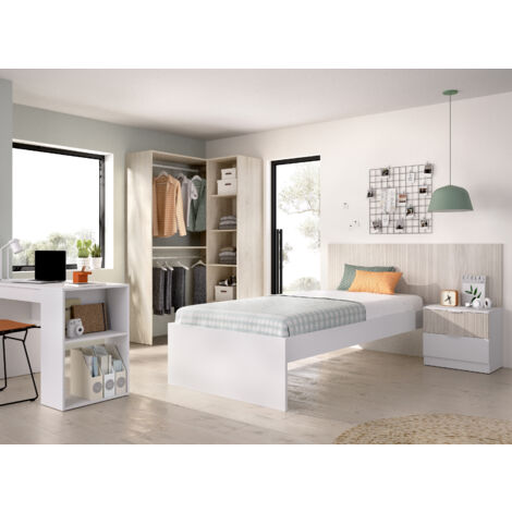 DEKIT GRUPO RIMOBEL LION PACK - CONJUNTO DE CABEZAL CON MESITA DE 2 CAJONES, ARO DE CAMA 90X190, MESA ESCRITORIO Y ARMARIO VESTIDOR - BLANCO / ALISTONADO