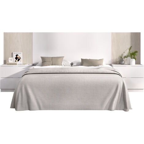 DEKIT LOMA - CABECERO CON MESITAS DE 2 CAJONES PARA CAMA DE MATRIMONIO - BLANCO / ALISTONADO - 96 x 258,8 x 34,2 cm