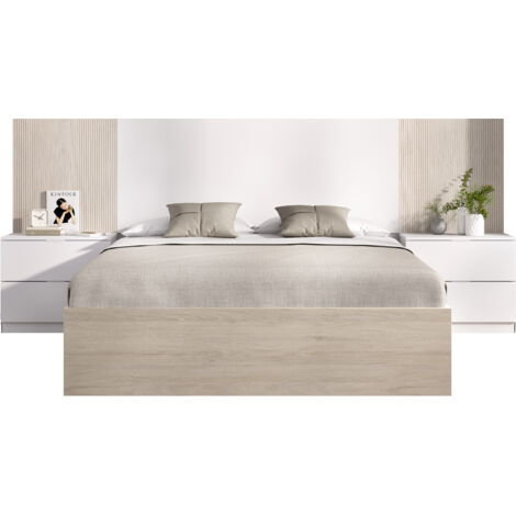 DEKIT LOMA - CABEZAL CON DOS MESITAS DE 2 CAJONES Y ARO CAMA 135/140X190 - BLANCO / ALISTONADO / NATURAL - 96 x 258.8 x 195.4