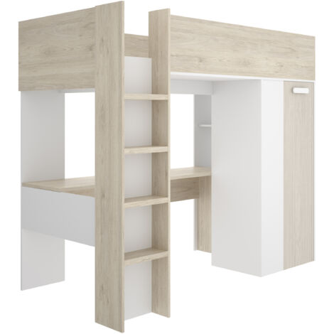 DEKIT SPYLO - CAMA ALTA PARA DORMITORIO - LITERA - BLANCO / NATURAL ALISTONADO - 177.5 x 206 x 111