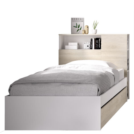 DEKIT TEN - CAMA CON CABEZAL Y ARO DE CAMA DE 90X190 CON DOS CAJONES - BLANCO / NATURAL - 96 x 99 x 218,2