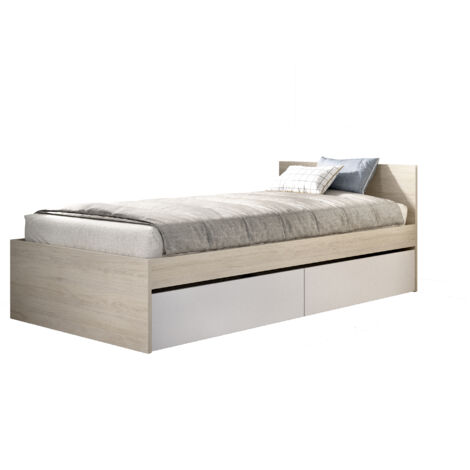 DEKIT TOP - CAMA DE 90X190 CON 2 CAJONES - BLANCO / NATURAL - 67 x 95,8 x 194,8