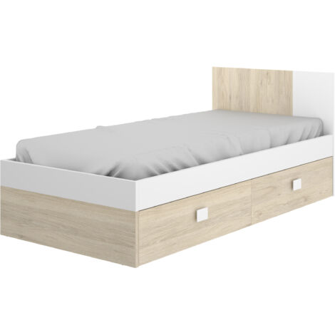 DEKITDINA - CAMA DE 190X90 CON 2 CAJONES BAJO CAMA - NATURAL / BLANCO - 79 x 97 x 196