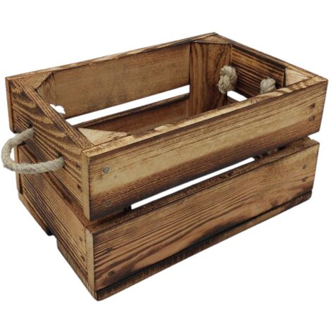Deko-Holzkiste natur geflammt Obstkiste Weinkiste Beistelltisch Schuhregal Deko - 30 x 20 x 16.5 cm, geflammt - offen mit Kordel