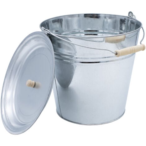 Deko Zinkeimer mit Holzgriff und Deckel - silber / 12 L - Metall Eimer zum Bepflanzen oder Transportieren - Gartendeko Blecheimer Ascheeimer Pflanzeimer Eiskübel Sektkühler