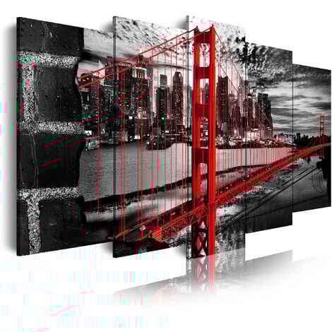 DekoArte 277 - Quadri moderni Stampa di Immagini Artistica Digitalizzata  Tela Decorativa Per Soggiorno o Stanza da letto  Stile Città EEUU Golden Gate Bianco Nero Rosso  5 Pezzi 150 x 80 cm