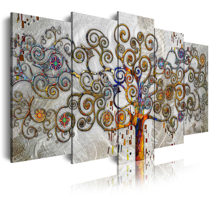 

DekoArte 477 - Cuadros Modernos Impresión de Imagen Artística Digitalizada | Árbol de la Vida de Gustav Klimt Plata | 5 Piezas 150x80cm