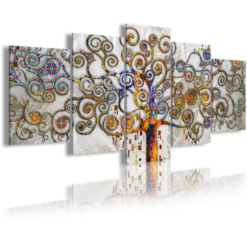 

478 - Cuadros Modernos Impresión de Imagen Artística Digitalizada | Abstractos Árbol de la Vida Gustav Klimt Plata | 5 Piezas 200x100cm XXL - Dekoarte