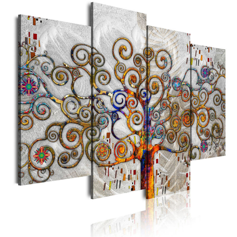 

DekoArte 479 - Cuadros Modernos Impresión de Imagen Artística Digitalizada | Abstractos Árbol de la Vida de Gustav Klimt Plata | 4 Piezas 120x85cm