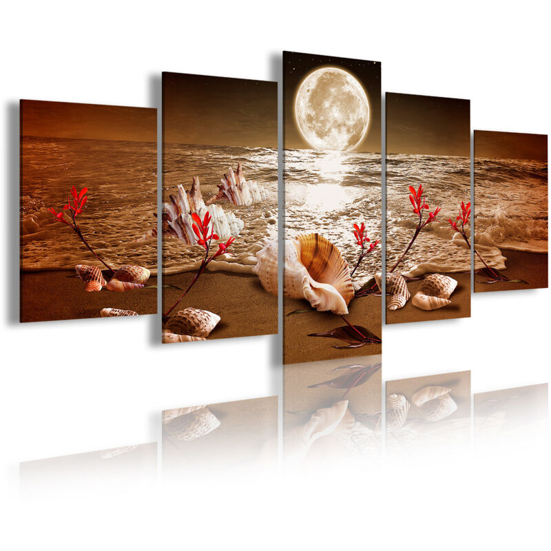 

DekoArte 440 - Cuadros Modernos Impresión de Imagen Artística Digitalizada | Paisaje noche Luna Iluminando Playa | 5 Piezas 200x100cmXXL