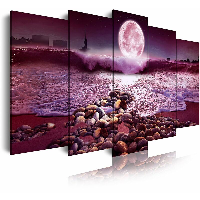 

DekoArte 523 - Cuadros Modernos Impresión de Imagen Artística Digitalizada | Paisaje Nocturno Luna iluminando Playa | 5 Piezas 150x80cm