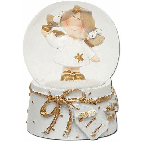 Dekohelden24 Mini palla di neve con angelo, base bianco oro, dimensioni LxLxA 4,5 x 4,5 x 6,5 cm, sfera con 4,5 cm di diametro, 501423