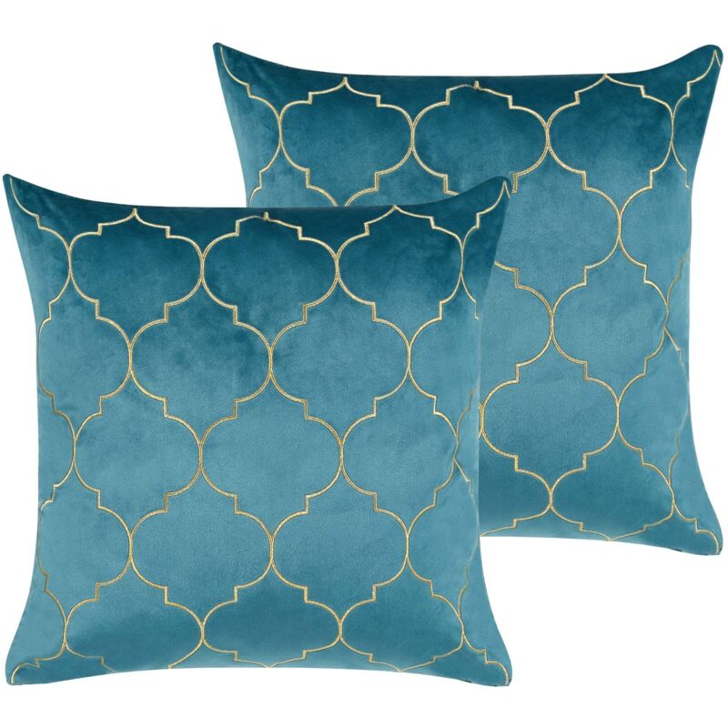 Beliani Dekokissen 2er Set Alyssum Samtstoff 45 X 45 Cm Blau Marokkanisches Muster