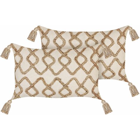 Dekokissen 2er Set Beige Baumwolle und Jute 35 x 55 cm Bezug mit Füllung Reißverschluss Strukturiert Geometrisches Muster Boho Wohnzimmer Deko
