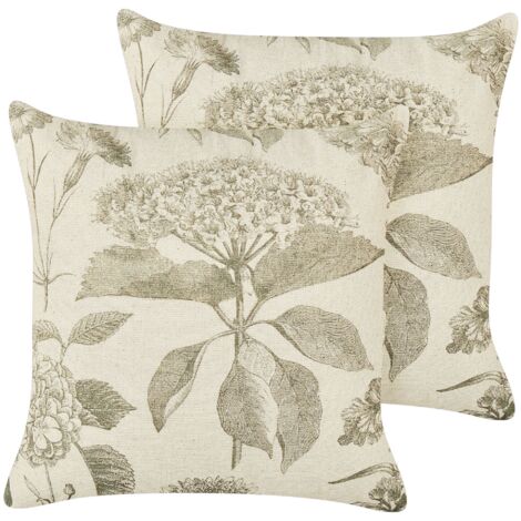 Dekokissen 2er Set Beige u. Grün Blumenmuster 45 x 45 cm Quadratisch Abnehmbarer Bezug für Wohnzimmer Schlafzimmer Sofa Sessel Bett