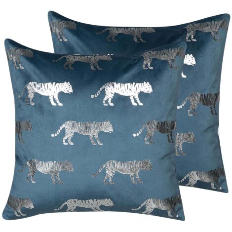 Dekokissen 2er Set BLUEBELL Samtstoff 45 x 45 cm Blau Tiermuster