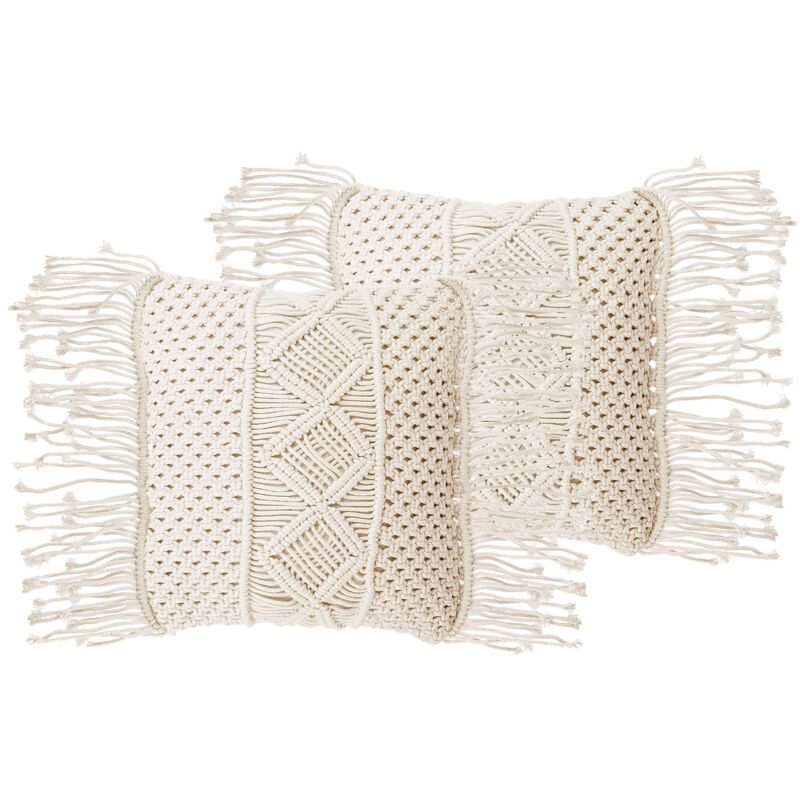 Beliani Dekokissen 2er Set Yortan Baumwolle 45 X 45 Cm Hellbeige Geometrisches Muster