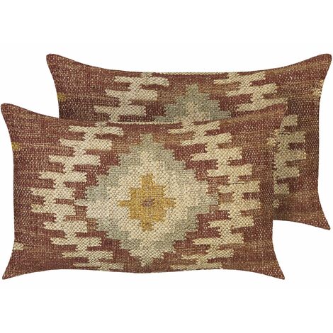 Dekokissen 2er Set Mehrfarbig Jute u. Wolle 30x50 cm Rechteckig mit Polyester-Füllung Muster Orientalisch Geometrisch für Wohnzimmer Deko