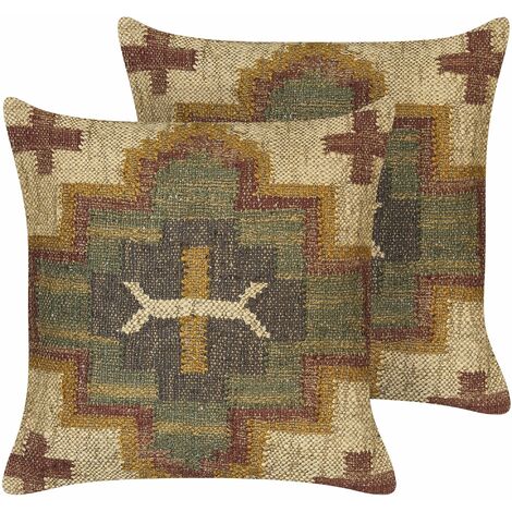 Dekokissen 2er Set Mehrfarbig Jute u. Wolle 45x45 cm Quadratisch mit Polyester-Füllung Muster Orientalisch Geometrisch für Wohnzimmer Deko
