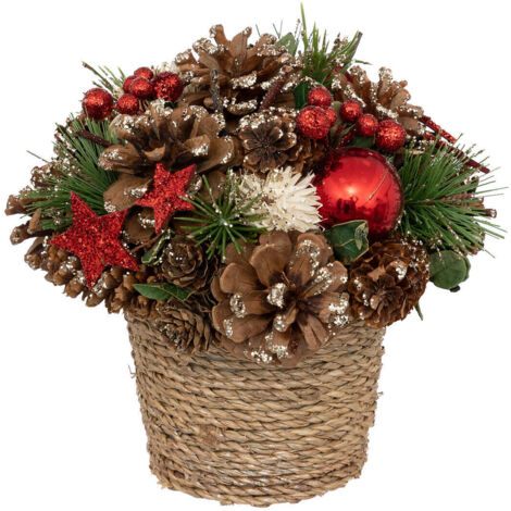 Dekoration aus Zapfen und Christbaumkugeln in geflochtenem Blumentopf, 19 cm