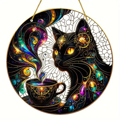 【Dekorative Acryl-Hängedekoration】YK6005 Schwarzes Katzen-Café ca. 20 x 20 cm (beidseitig) – Pfau & Katze