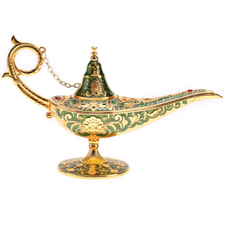 Dekorative Aladdin-Zaubertopflampe, hohl, aus grünem Metall geformt – märchenhafte Ambientebeleuchtung