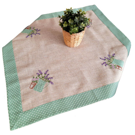 Dekorative, bestickte Tischdecke 85/85 Quadrat, Lavendelgrün gestreift