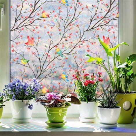 Dekorative Fensterfolie, Frühlingsvögel und Blumenmuster, doppelseitiger statisch haftender Fensteraufkleber für Zuhause, Büro, Wohnzimmer, Fenster, Türdekoration, 120 x 40 cm