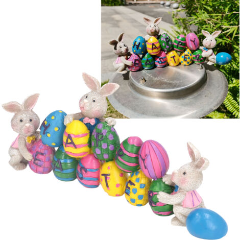 [Dekorative Figuren] Tischdekoration aus Kunstharz mit Hasen und Ostereiern – handbemalt, niedlich, 3 Hasen und 11 bunte Eier – 22 x 8,5 x 5 cm