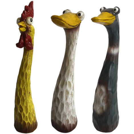 Dekorative Gartenfiguren aus Kunstharz – 3-teilig: Lustige Tiere (Hühner, Enten und Gänse) für Terrasse und Rasen