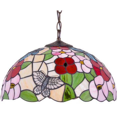 Dekorative Hängelampe Buntglas Blumen und Schmetterlinge BUTTERFLY 1xE27 20W K-P161386 Kaja