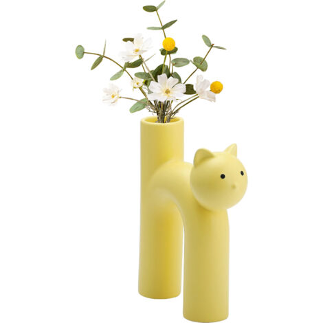 Dekorative Keramikvase – Röhrenvase mit Katzenmotiv – Weiß, Gelb, Rosa – 16 x 6,5 x 21 cm – Ideal für Zuhause, Büro oder Restaurant