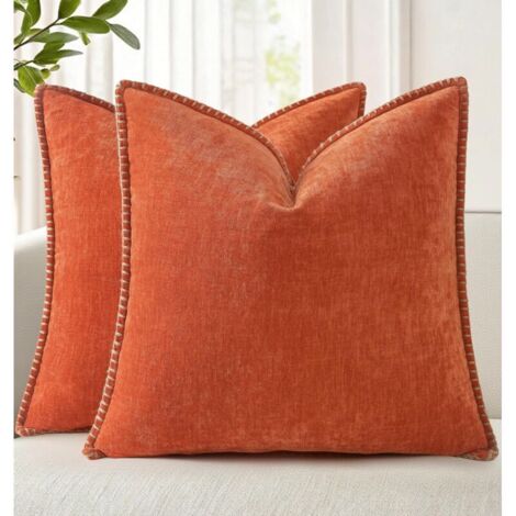 Dekorative Kissenbezüge aus weichem Chenille, 45 x 45 cm, 2er-Set, Landhausstil, neutraler Samt, mit Ziernaht, für Sofa, Rost