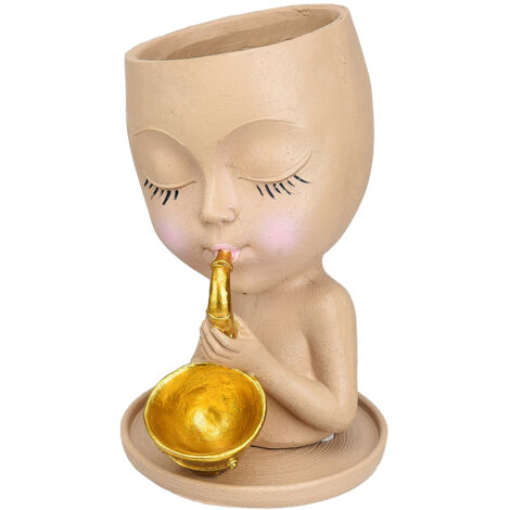 Dekorative Saxophonvase aus Kunstharz, Skulpturtopf mit menschlichem Gesicht, elegante Wohndekoration (Größe M, Hellbraun, 1 Stück)