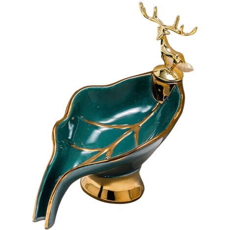 Dekorative Seifenschale aus Keramik mit grünen Blättern und goldenem Hirschmotiv  Modern, selbstentleerend, 19 cm, Geschenkidee für Zuhause