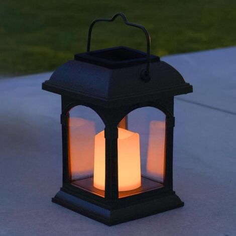 Dekorative Solarlaterne für den Außenbereich mit wasserdichtem LED-Flackerndem Kerzeneffekt – 15 cm hoch, perfekt als Solar-Tischlampe oder Hängelaterne für den Außenbereich in Mattschwarz