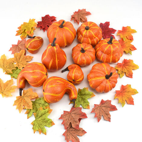 Dekorative Tischpumps [Herbstdeko-Set] mit kleinen künstlichen Kürbissen, Ahornblättern, roten Beeren, Eicheln und Tannenzapfen zum Basteln und Dekorieren – 7 Kürbisarten, 6 Blattfarben, Schaumstoff